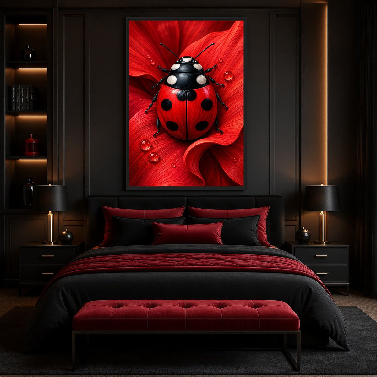 Ladybug canvas above a black and red bed in a dark bedroom