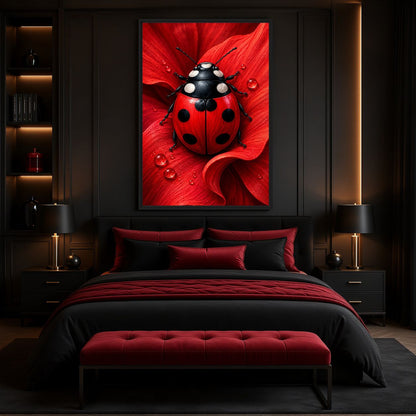 Ladybug canvas above a black and red bed in a dark bedroom
