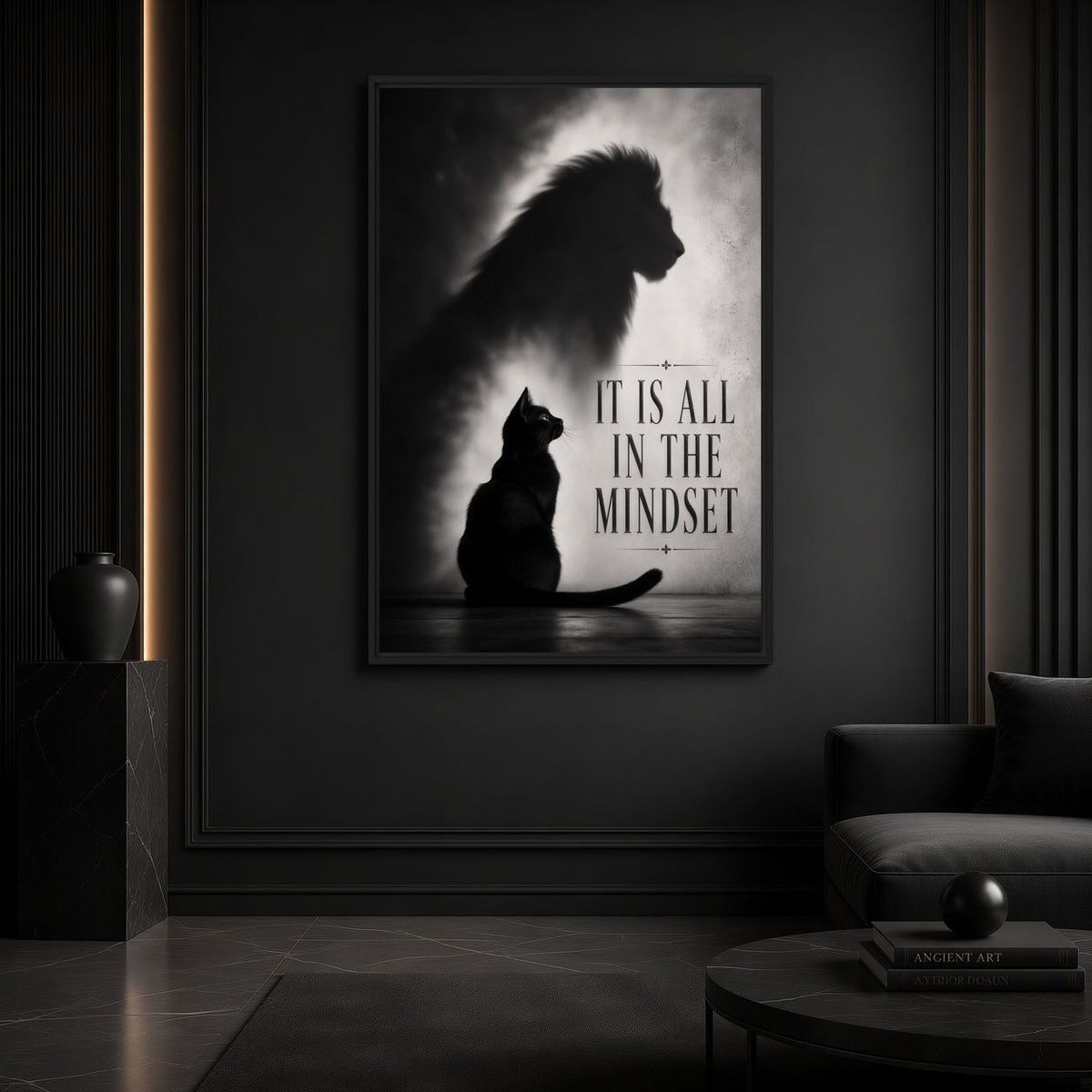 Cat and lion-shadow canvas above a dark sofa on a black panelled wall