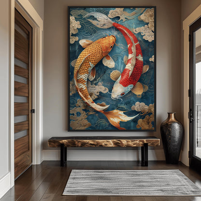 Koi Fish Circle Japanese Art Framed Canvas