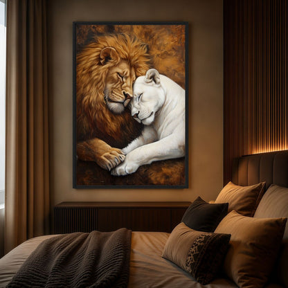 Lion and Lioness Romantic Wildlife Framed Canvas