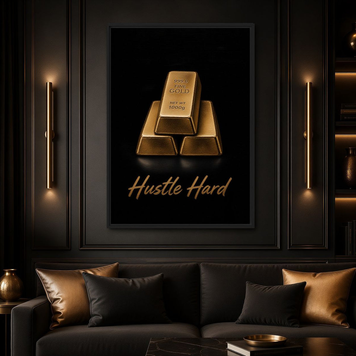 Hustle Hard canvas above a black sofa with bronze cushions