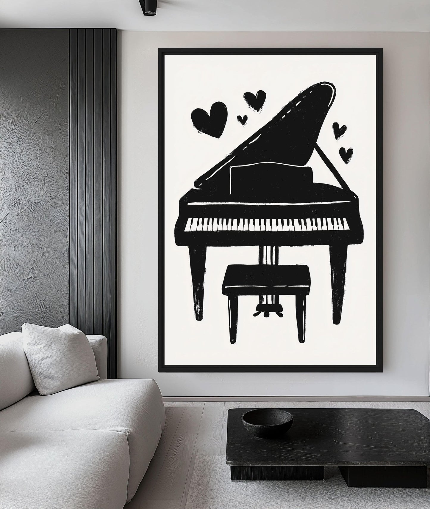 Black And White Piano Minimalist Art Framed Canvas