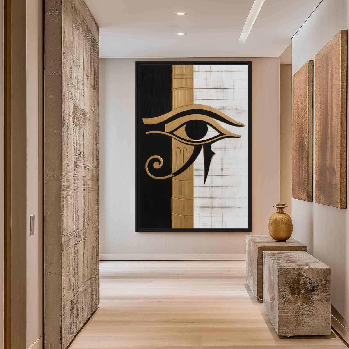 Eye of Horus canvas at the end of a pale hallway beside a stone bench