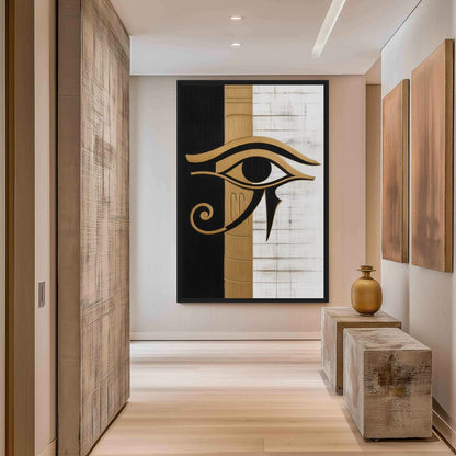 Eye of Horus canvas at the end of a pale hallway beside a stone bench