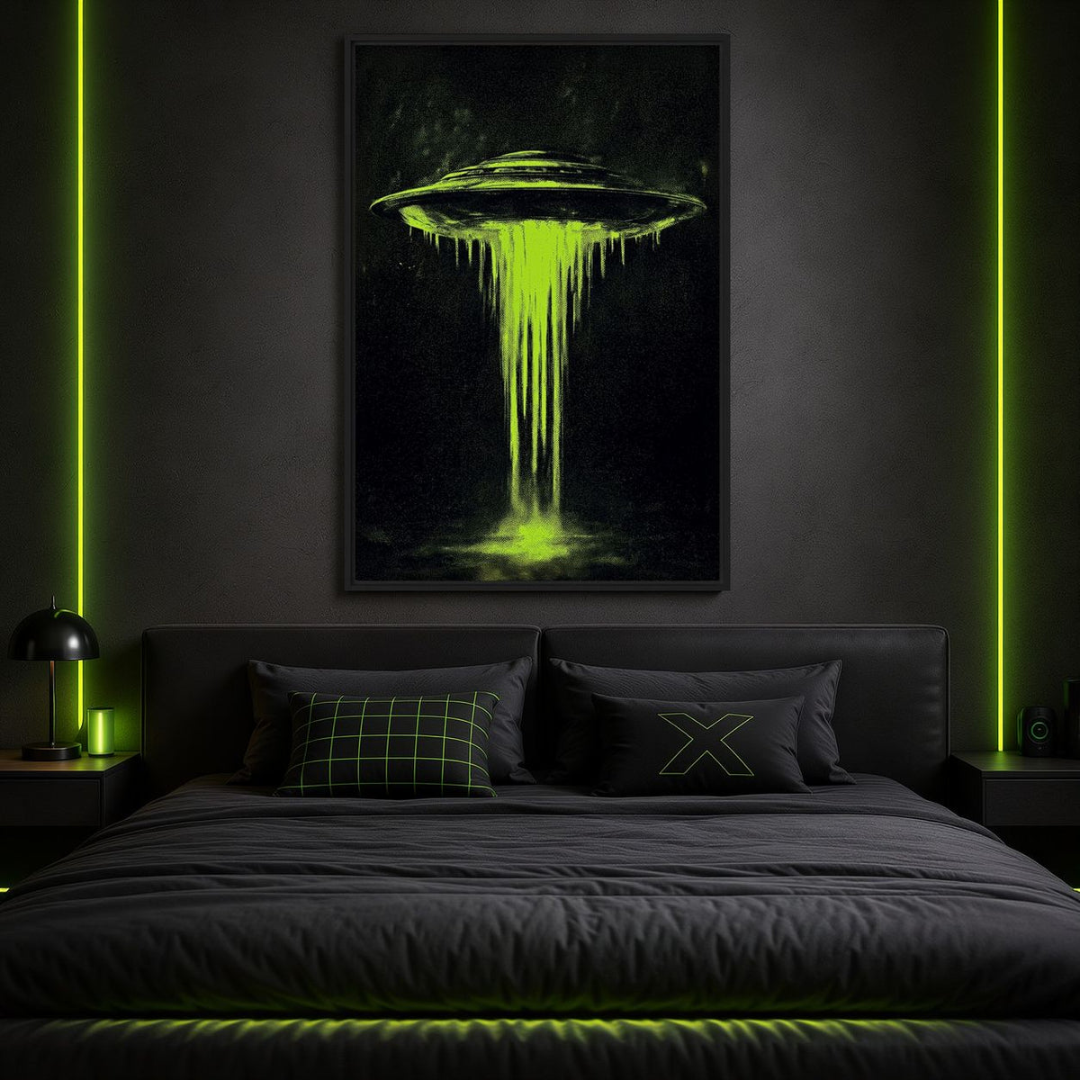 Bedroom mockup of green UFO artwork above a dark bed with green accent lighting