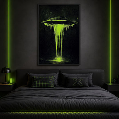 Bedroom mockup of green UFO artwork above a dark bed with green accent lighting
