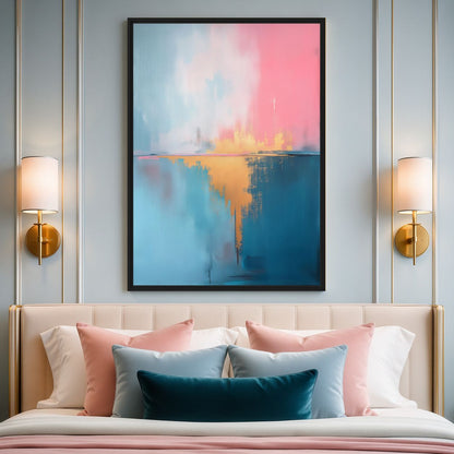Pink and teal abstract artwork above a cream bed between wall lights