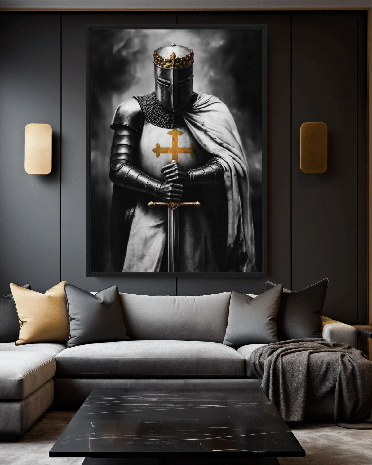 Crowned knight artwork above a grey sofa with gold-toned cushions and wall lights