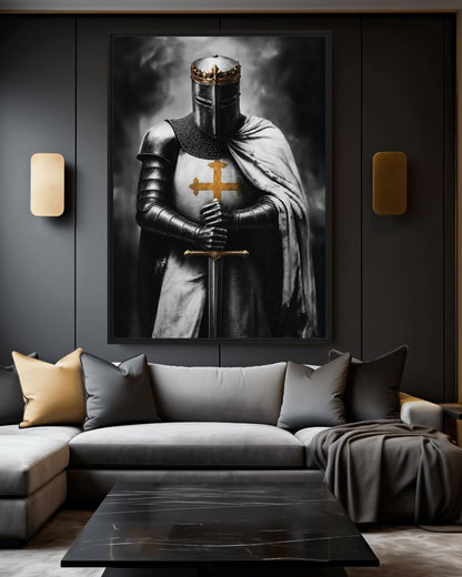 Crowned knight artwork above a grey sofa with gold-toned cushions and wall lights