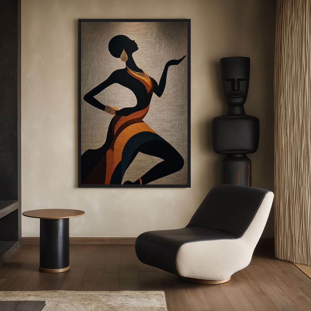 Reading-corner mockup of the silhouette artwork beside a curved black and white chair