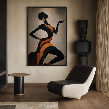Reading-corner mockup of the silhouette artwork beside a curved black and white chair