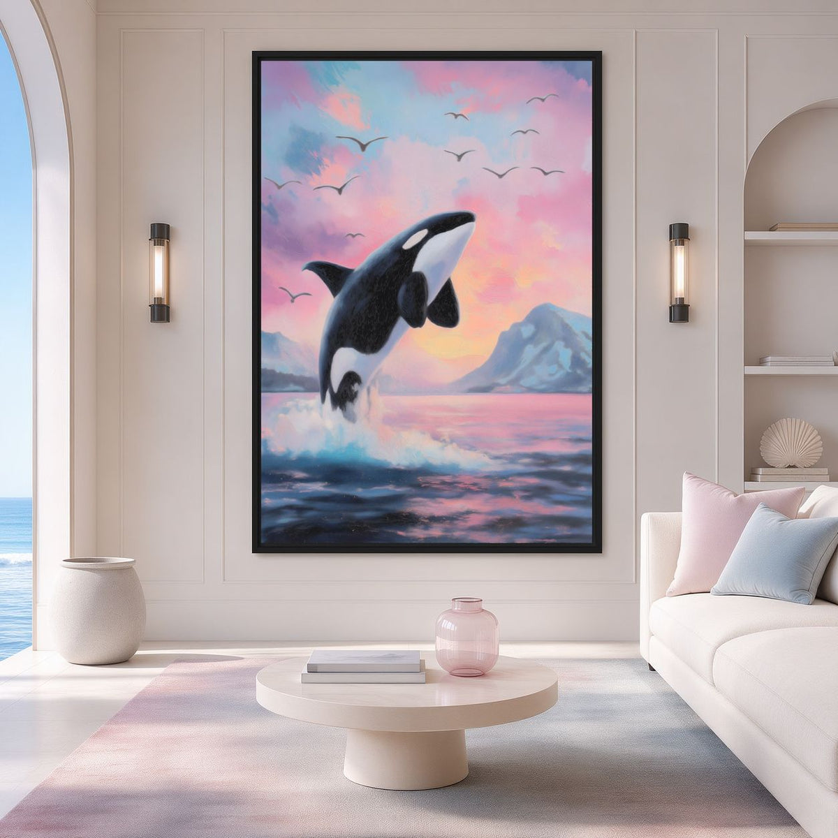 Orca sunset canvas in a pale living room beside a white sofa