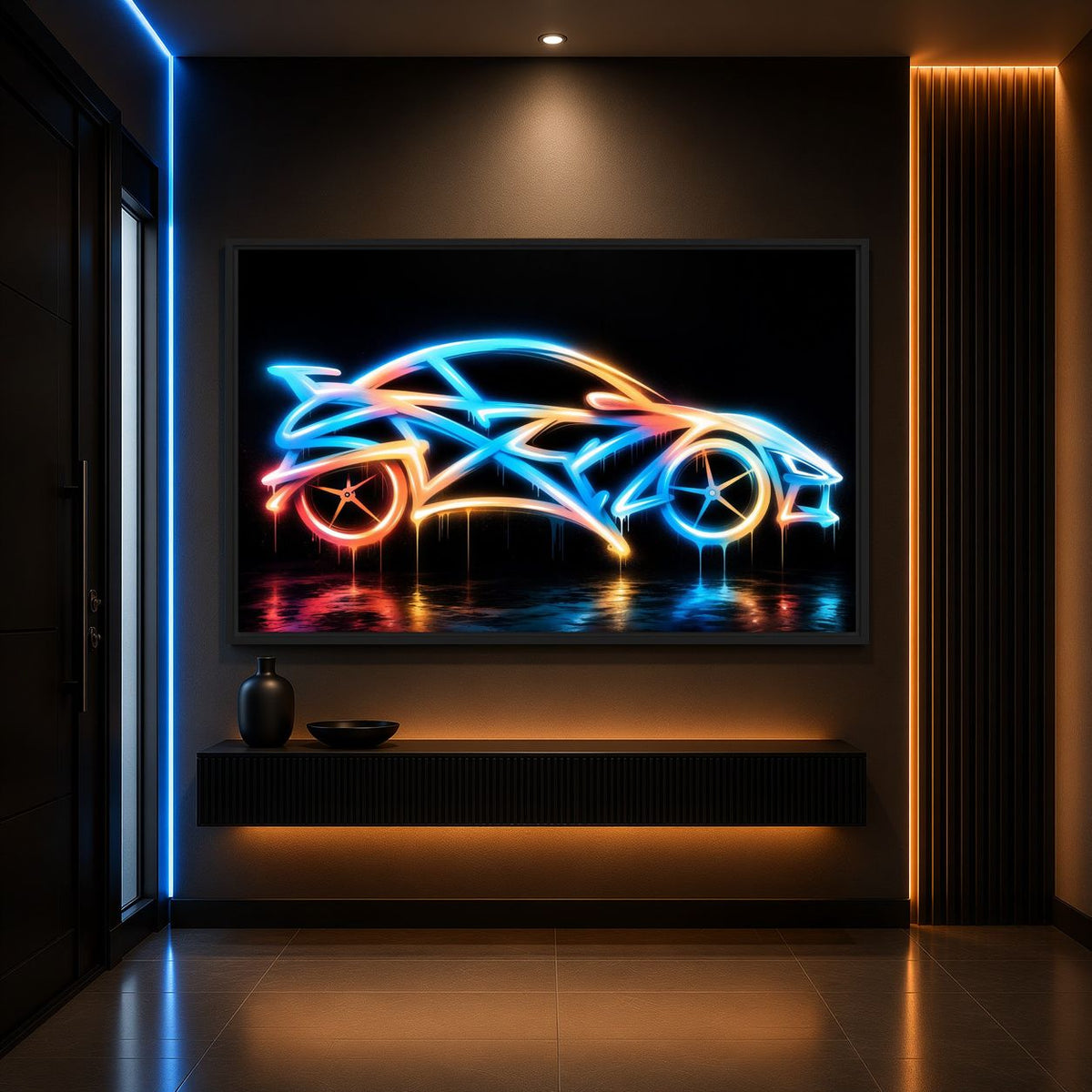 Neon sports car canvas room mockup above a black hallway console beside vertical wooden slats