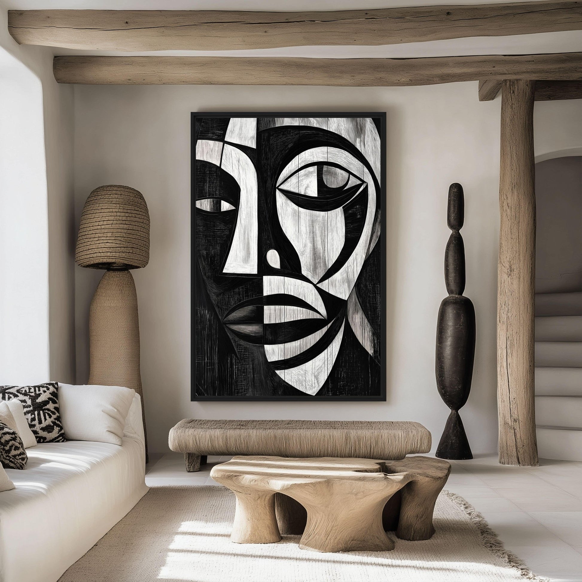 African Abstract Art Black and White Framed Canvas