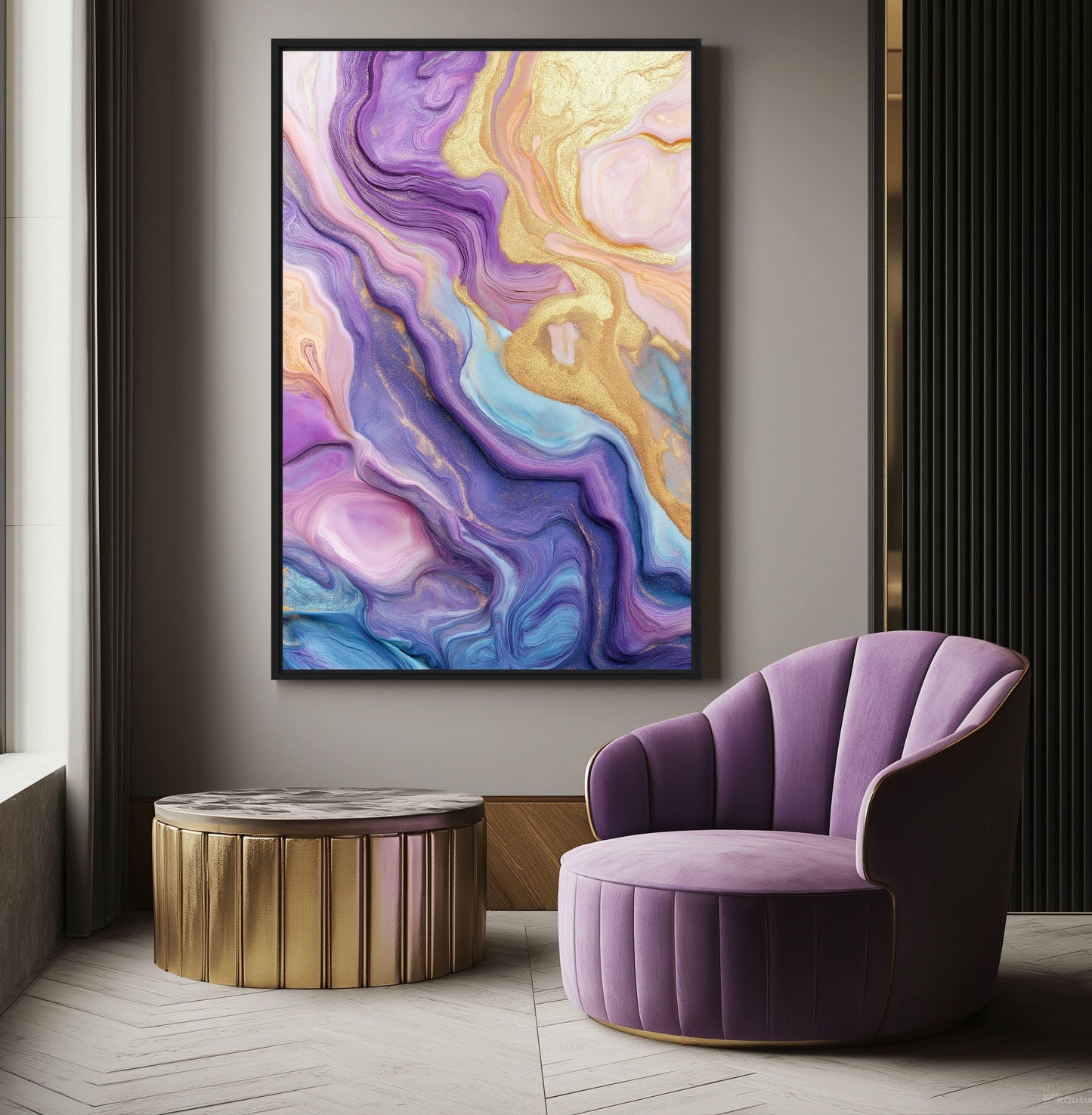 Purple & Gold Fluid Art Framed Canvas