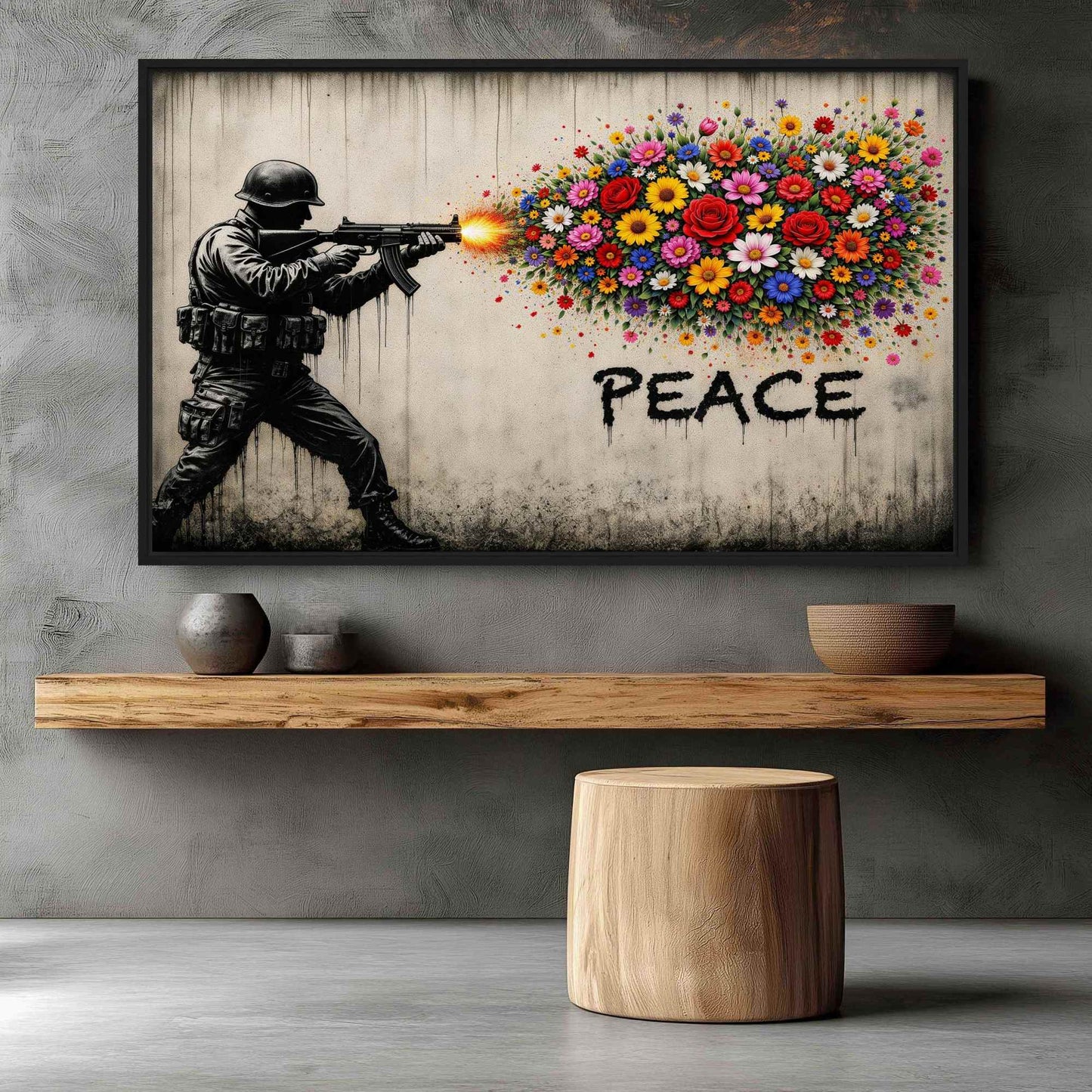 Floral Peace Street Art Framed Canvas - PaintFu