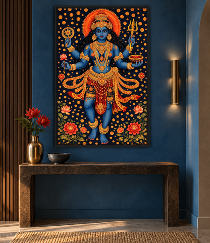 Blue and Gold Kali Goddess Framed Canvas