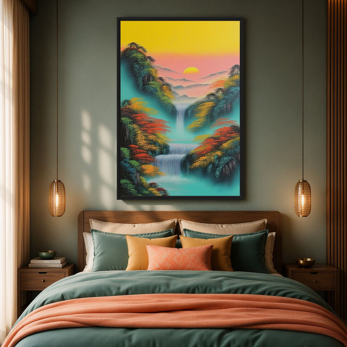 Waterfall landscape canvas above a green bed with orange bedding accents