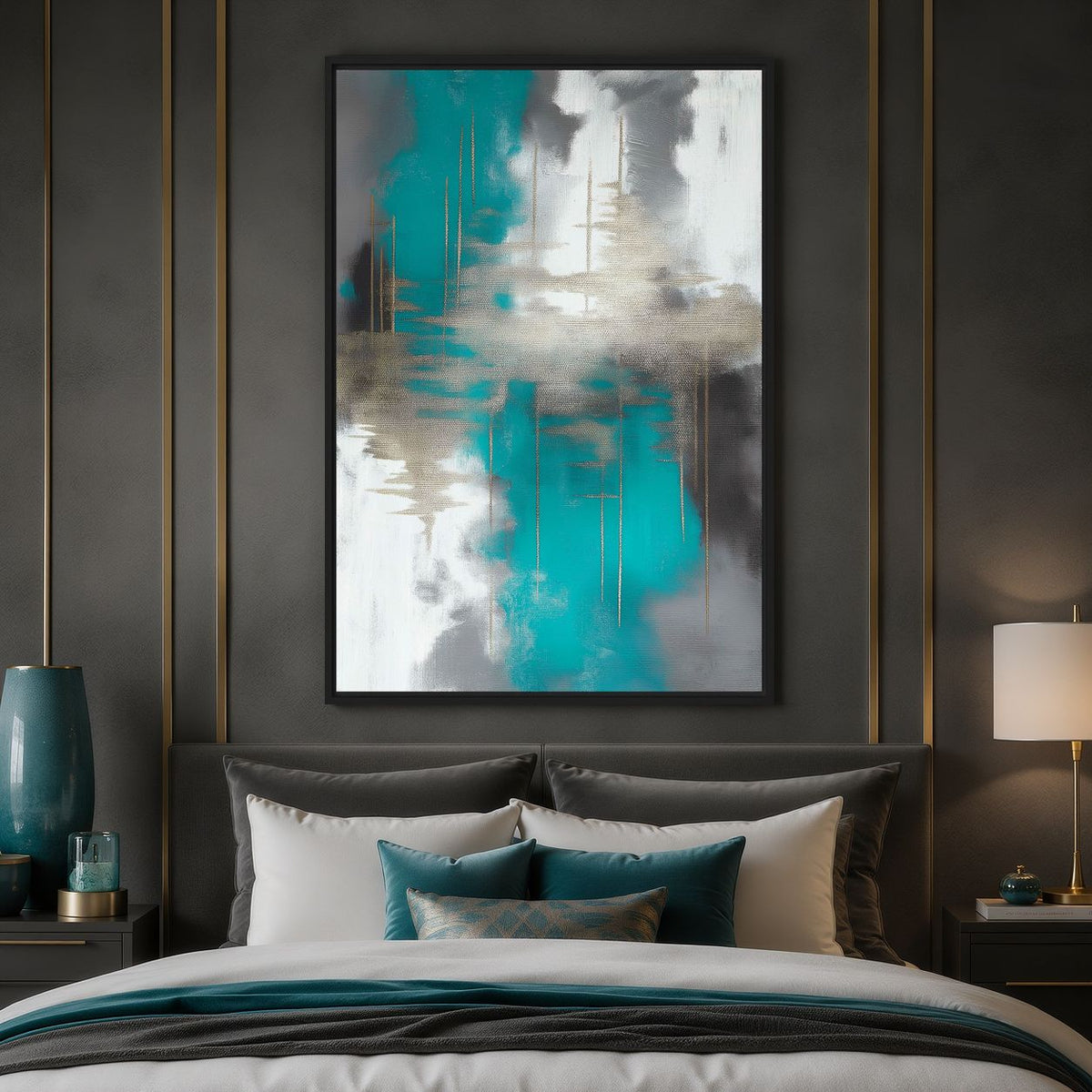 Bedroom mockup of teal and grey abstract artwork above a dark headboard and teal bedding