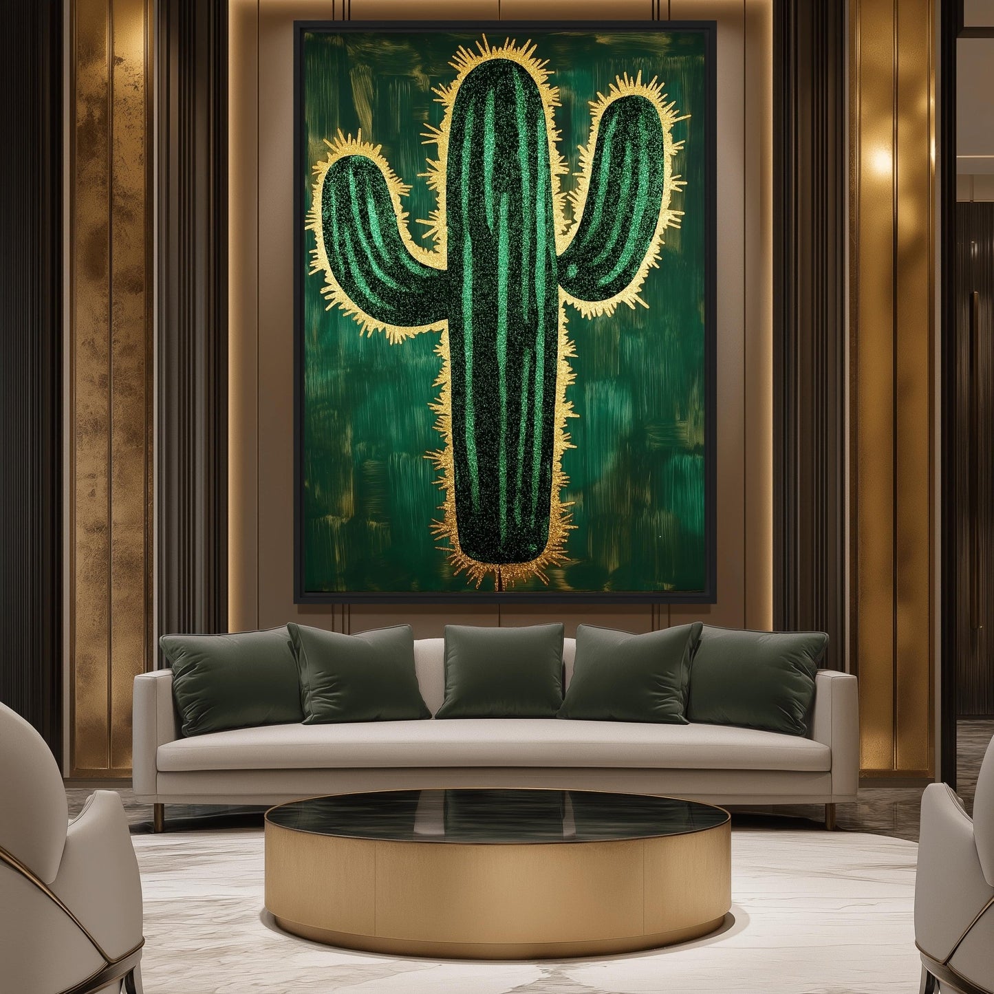 Cactus Green & Gold Modern Art Framed Canvas