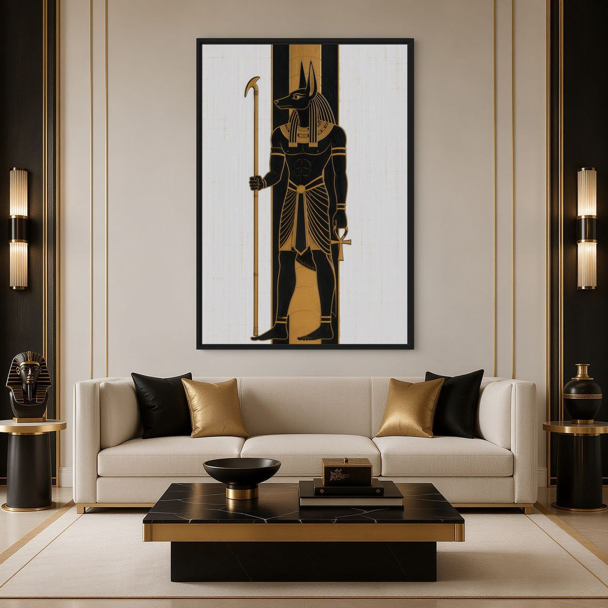 Living-room mockup of Anubis artwork above a cream sofa and dark low table