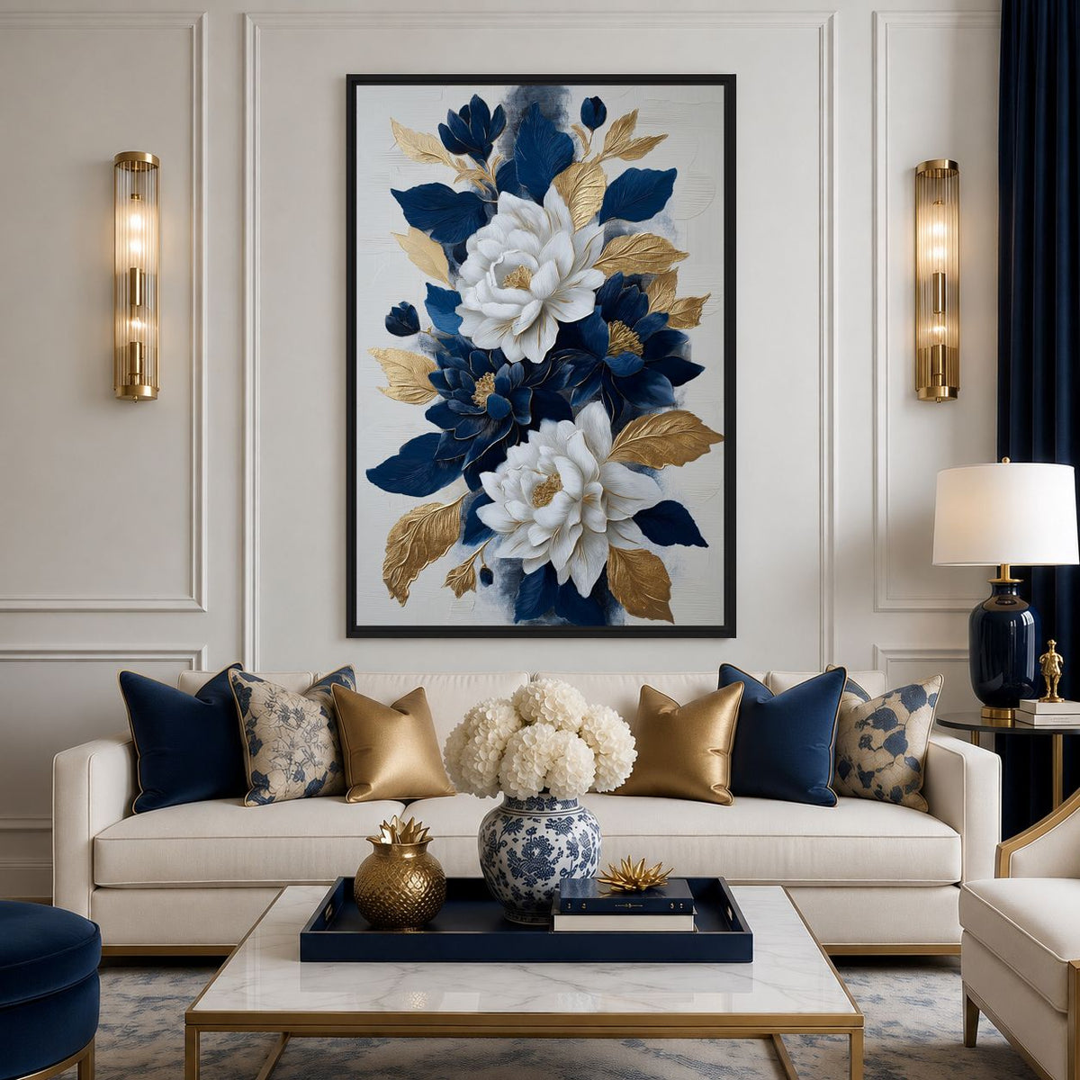 Lounge mockup of navy and white flowers above a cream sofa with blue and gold cushions
