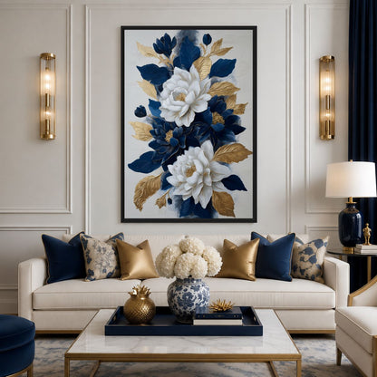 Lounge mockup of navy and white flowers above a cream sofa with blue and gold cushions