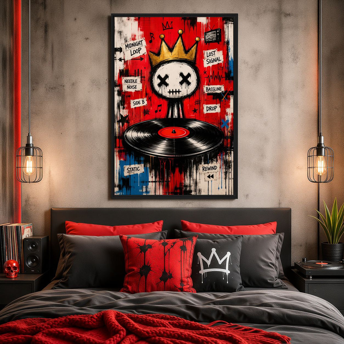 Bedroom mockup of crowned skull and record artwork above black and red bedding