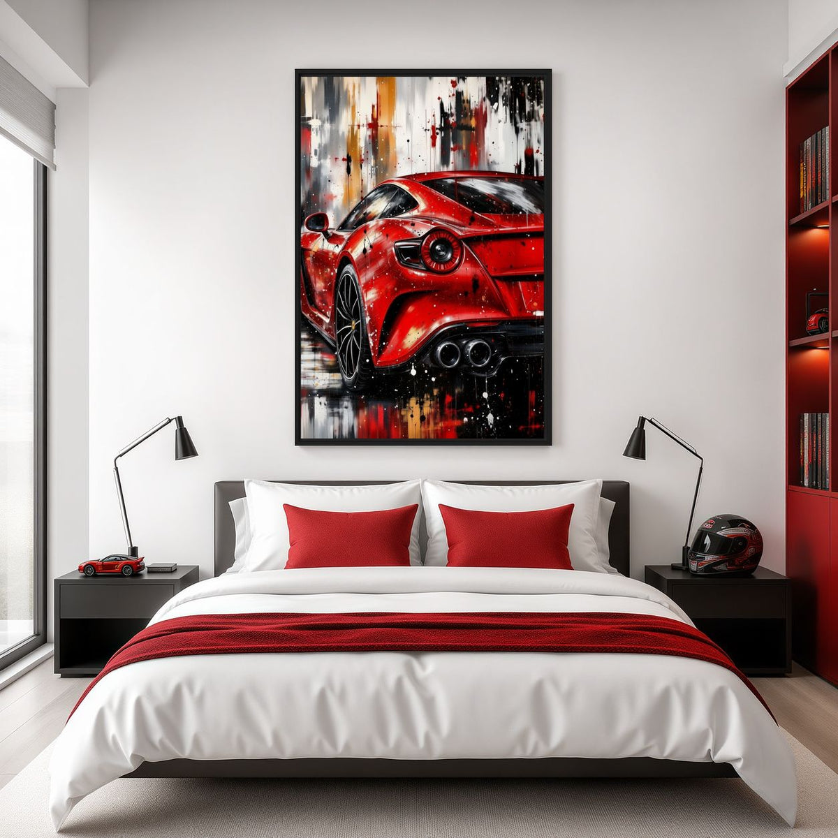 Portrait red sports car canvas above a bed with white bedding, red cushions and black bedside tables
