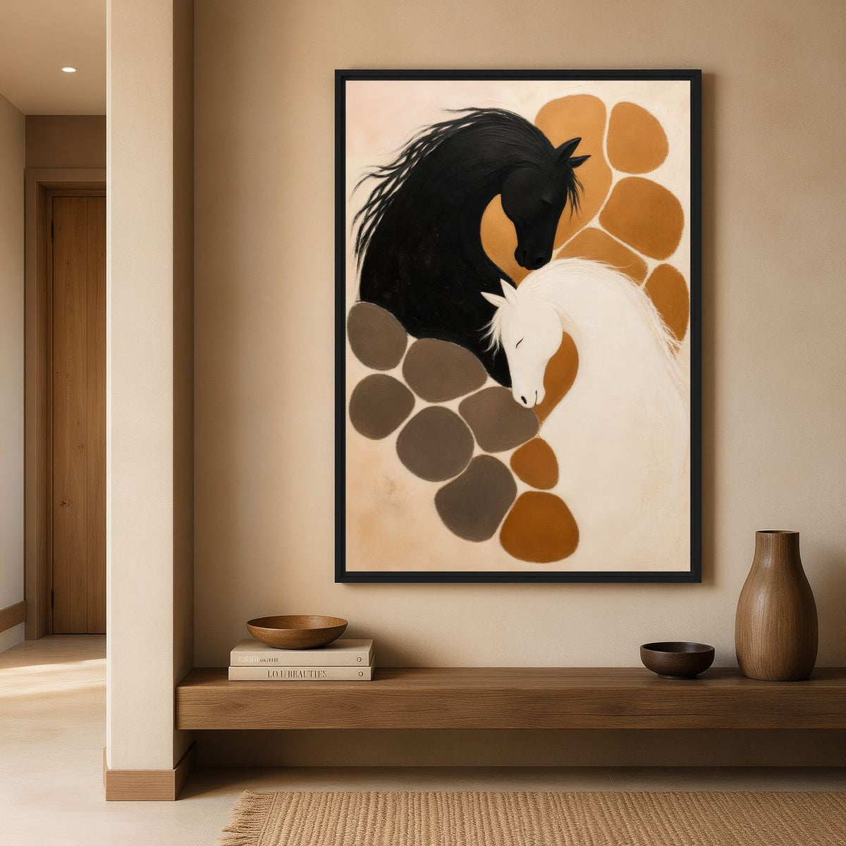 Entryway mockup of horse artwork above a low wooden console with books, bowls and a brown vase