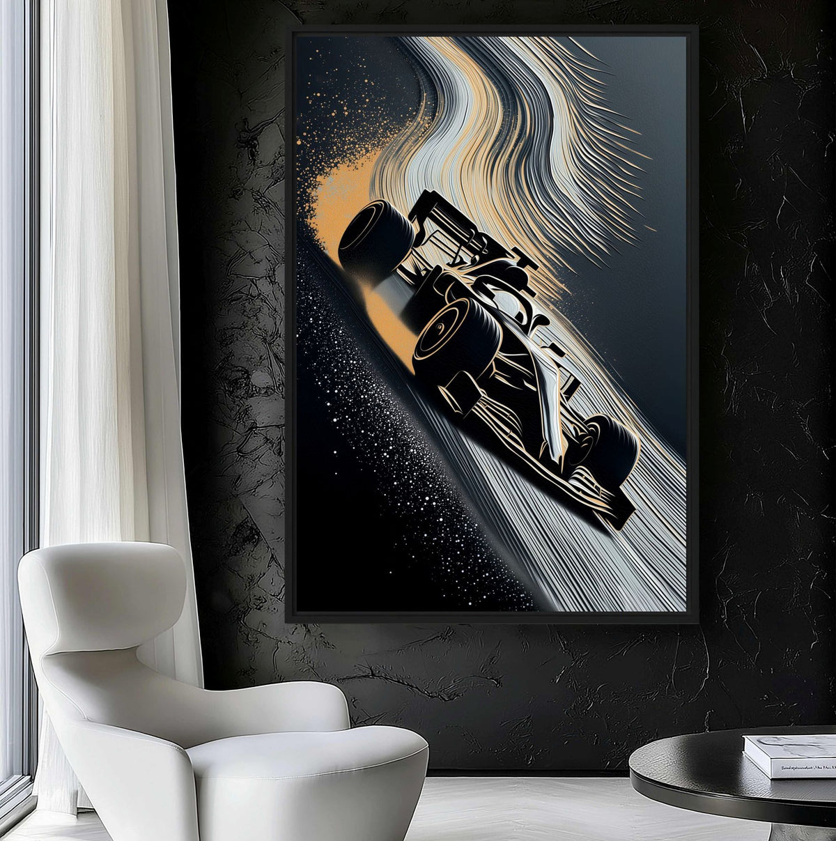 Racing car canvas beside a white chair against a dark textured wall