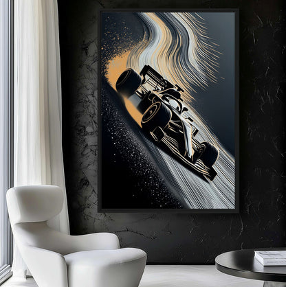 Racing car canvas beside a white chair against a dark textured wall