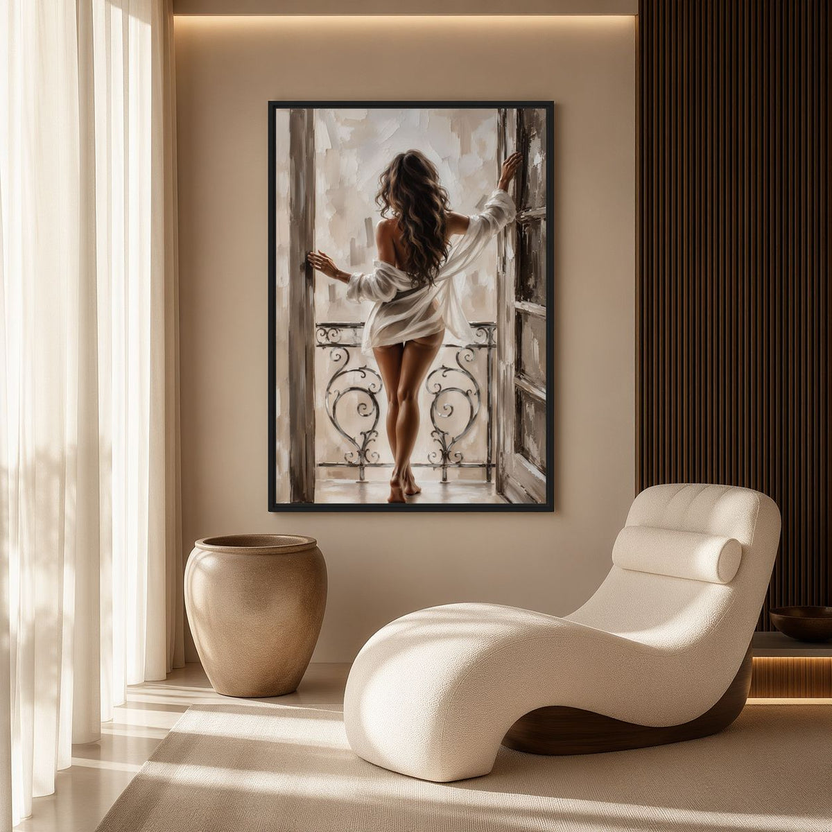 Brunette balcony canvas beside a cream chaise in a softly lit room