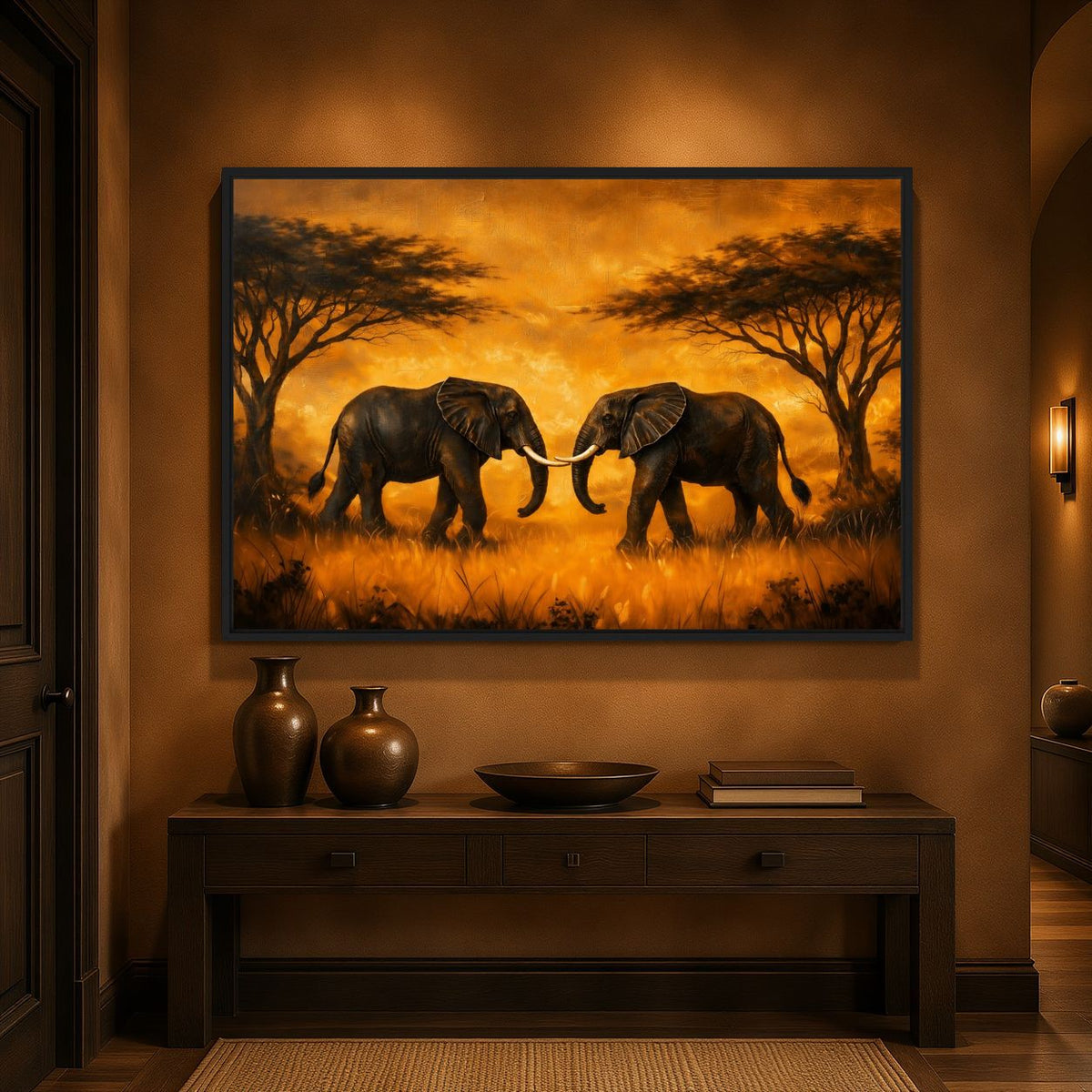 African Safari Elephant Wall Art Framed Canvas