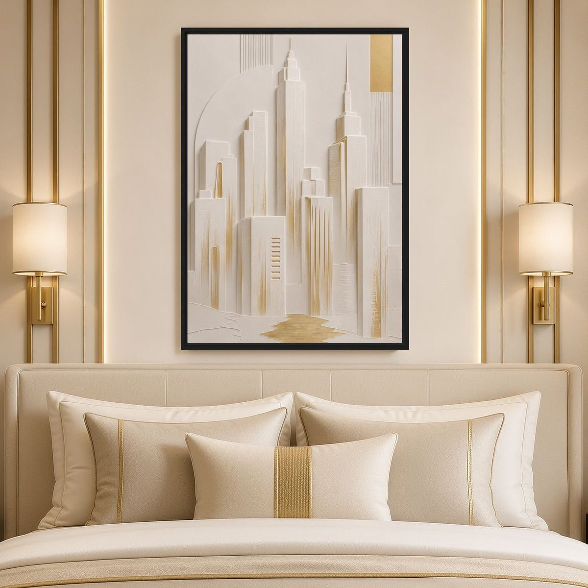 Pale Manhattan skyline canvas above a cream bed between warm wall lights