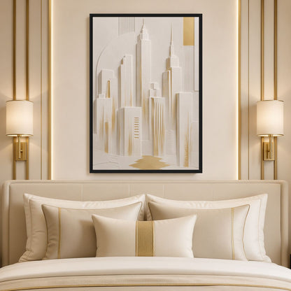 Pale Manhattan skyline canvas above a cream bed between warm wall lights