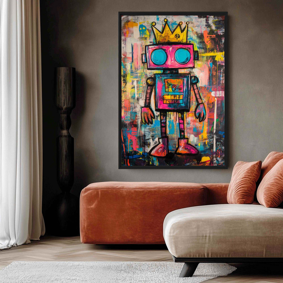Living-room mockup of crowned robot artwork above orange and cream seating beside a tall dark vase