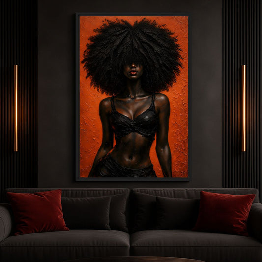 Living-room mockup of afro woman portrait above a dark sofa with deep red cushions and narrow wall lights