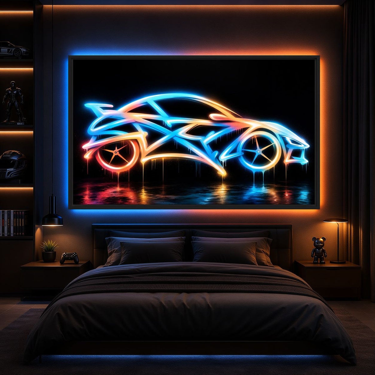 Room mockup of neon sports car framed canvas above a bed with blue and orange wall lighting