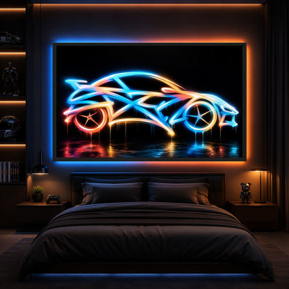 Room mockup of neon sports car framed canvas above a bed with blue and orange wall lighting