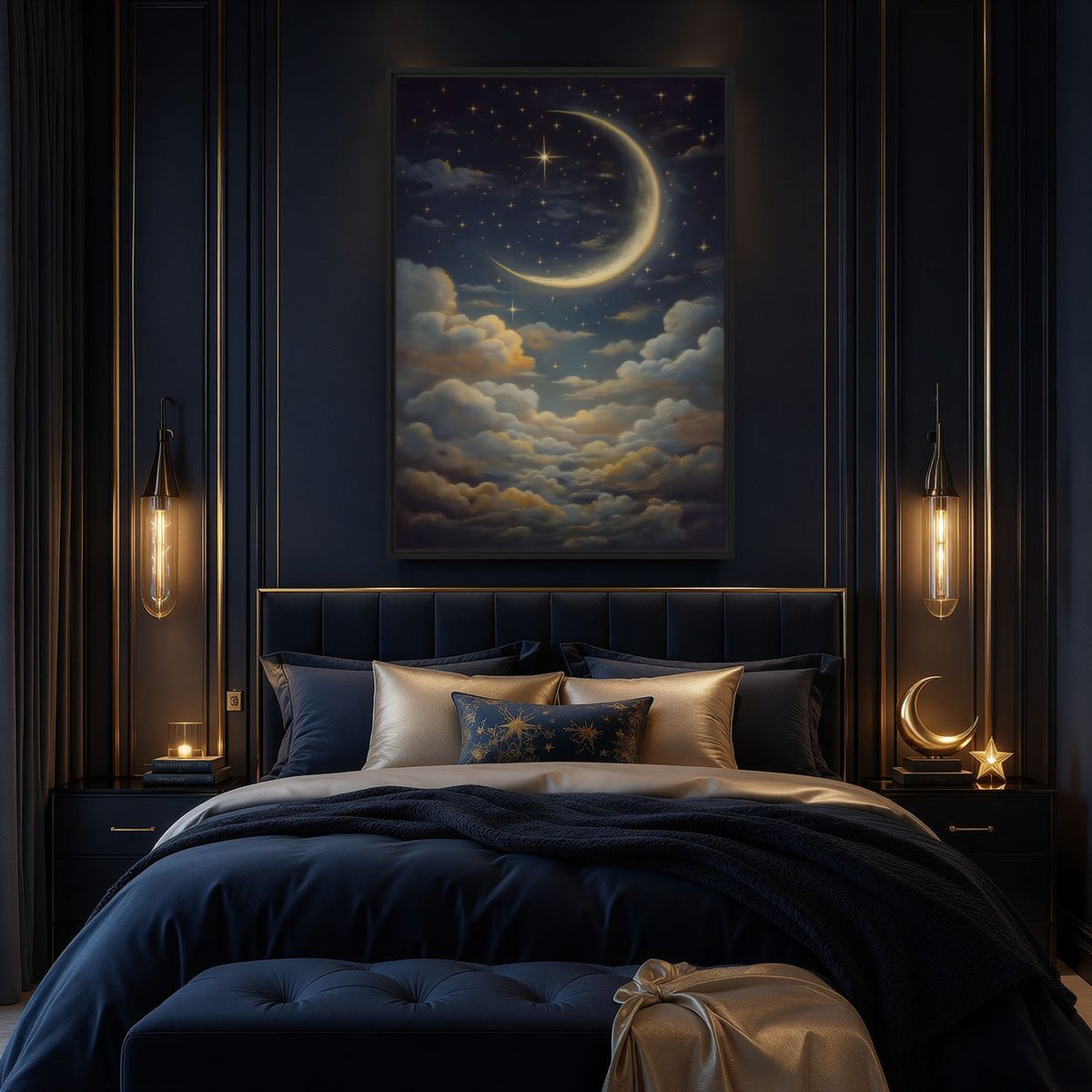 Celestial canvas above a navy bed between warm pendant lights