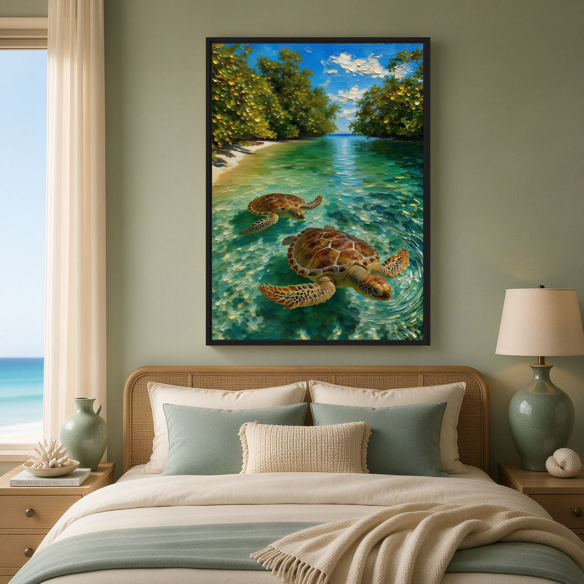 Tropical Sea Turtle Wall Art Framed Canvas