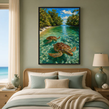 Tropical Sea Turtle Wall Art Framed Canvas