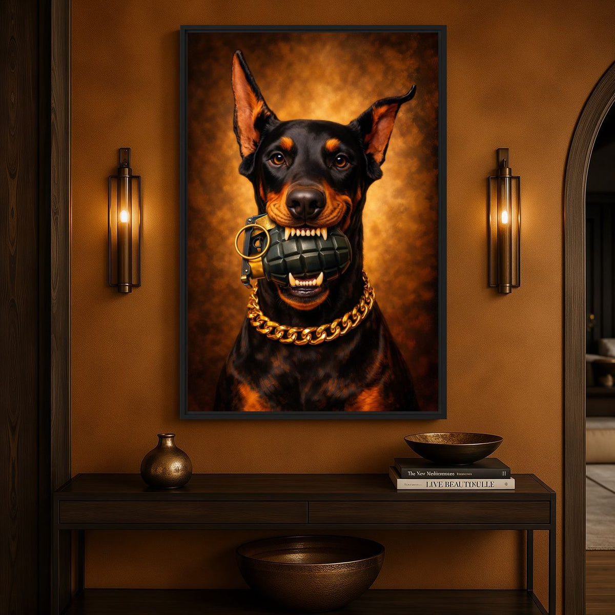 Doberman With Grenade Framed Canvas