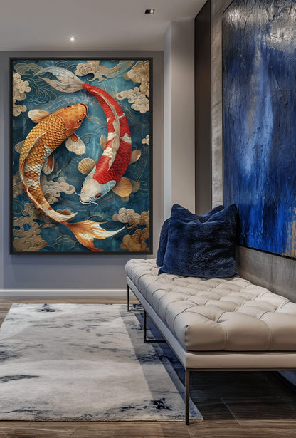 Koi Fish Circle Japanese Art Framed Canvas