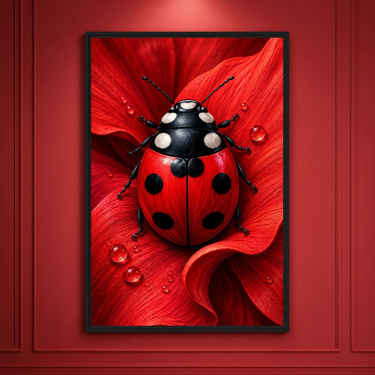 Framed ladybug print centred on a red panelled wall