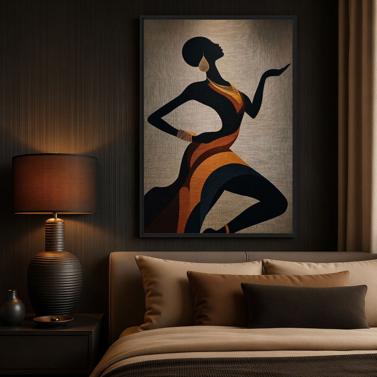 Bedroom mockup of the orange and black figure above brown bedding and a bedside lamp