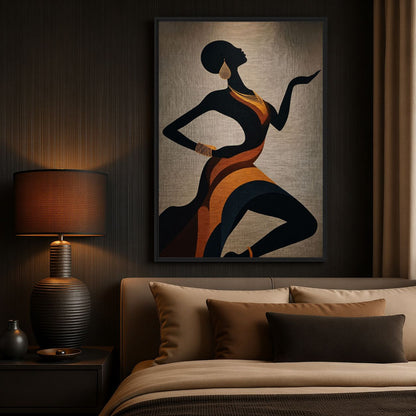 Bedroom mockup of the orange and black figure above brown bedding and a bedside lamp