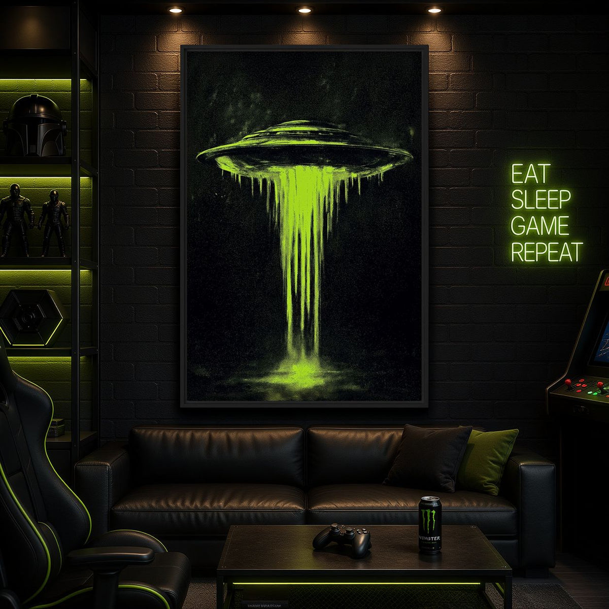 Gaming-lounge mockup of UFO artwork above a black sofa beside an arcade cabinet